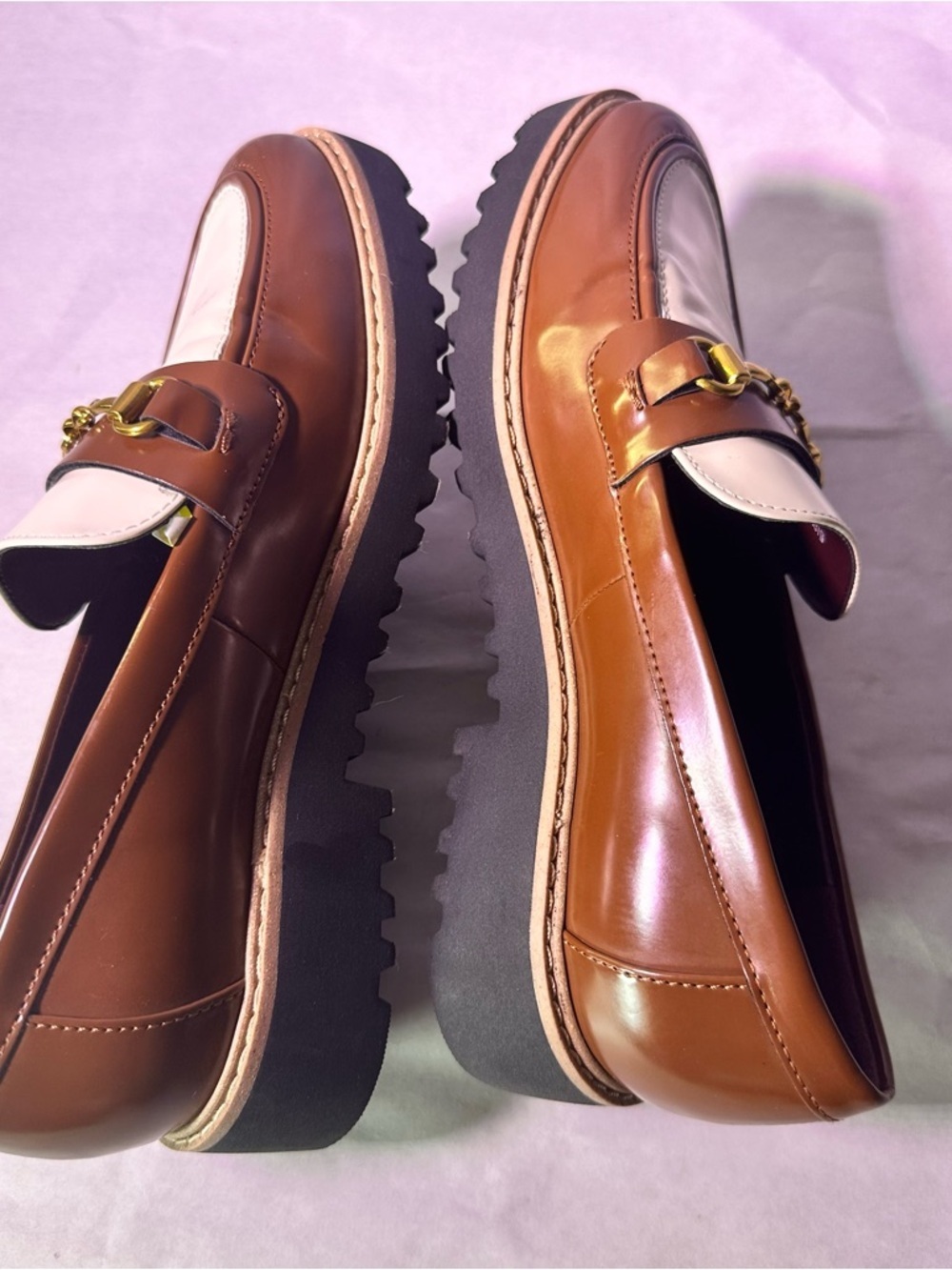 Franco Sarto Brown and Cream Leather Two-Tone Loafer with Gold Chain - Picture 8 of 9
